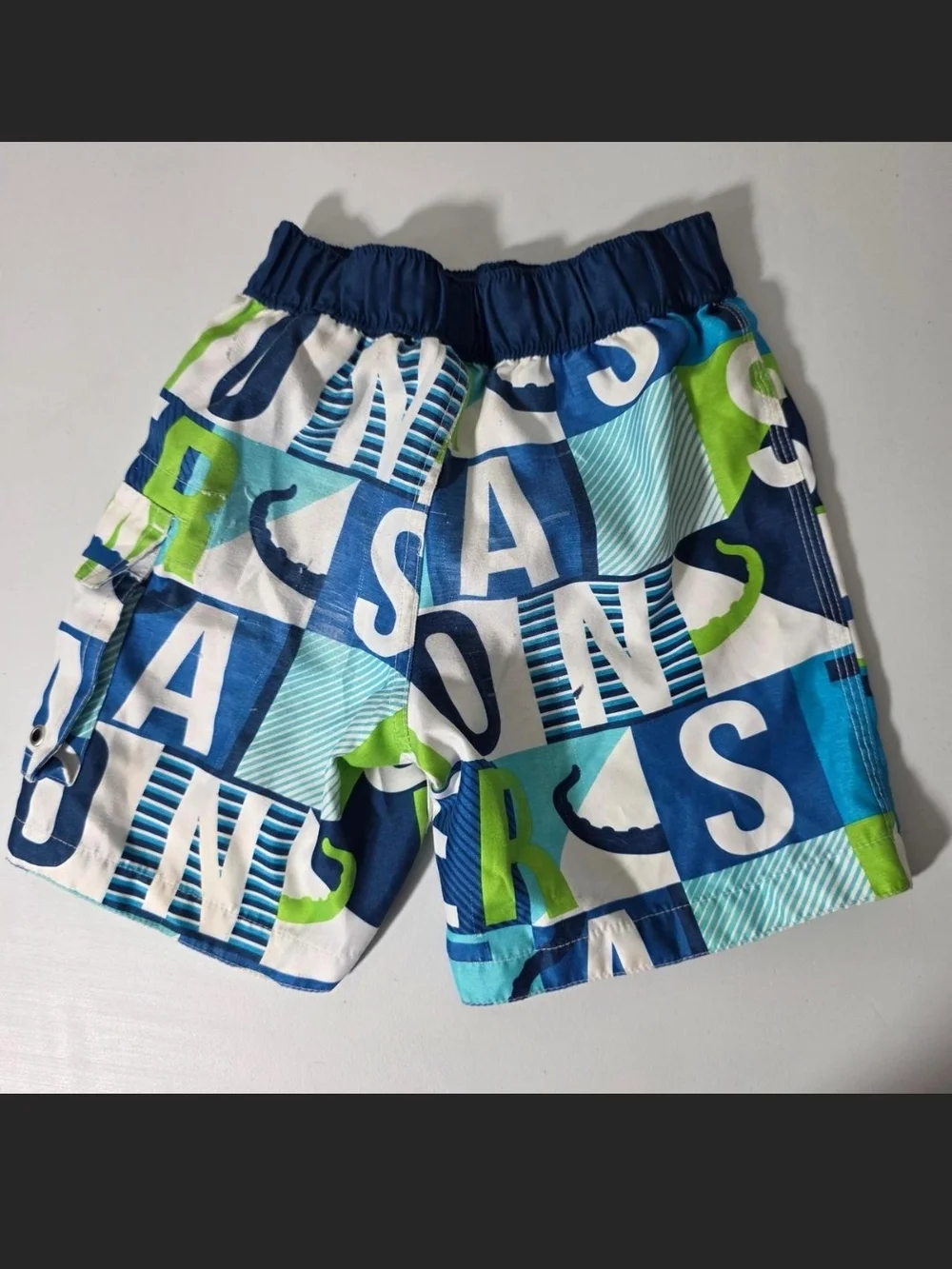 Kids Blue & Green Letter-Print Swim Trunks with Cargo Pocket